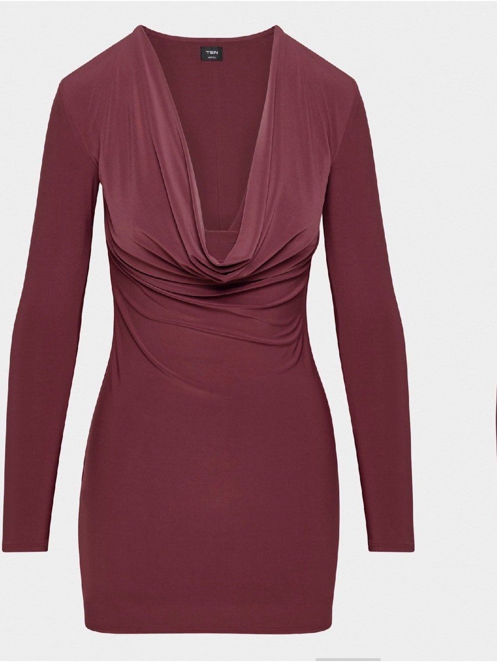 Aritzia Ten Trance Dress Long-Sleeve Cowl Neck Mini Dress in Wine